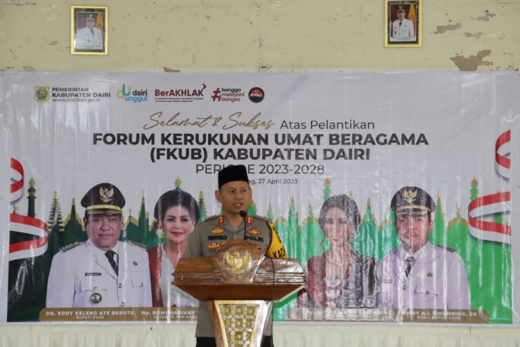 Kapolres Dairi AKBP Wahyudi Rahman, S.H, S.I.K, M.M bersama dengan PJU Polres Dairi ikuti kegiatan Pelantikan Forum Kerukunan Umat Beragama (FKUB) Kabupaten Dairi periode 2023-2028
