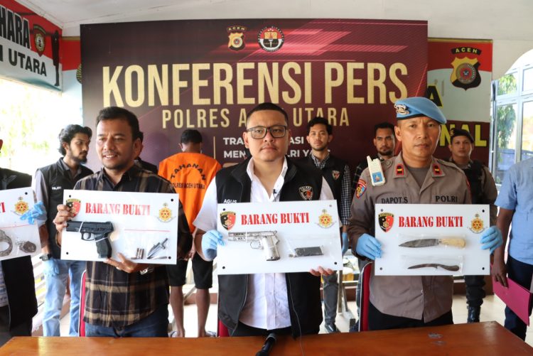 Kasat Reskrim Polres Aceh Utara AKP Agus saat Konferensi Pers yang digelar di Mapolres Aceh Utara, Selasa (13/6/2023).